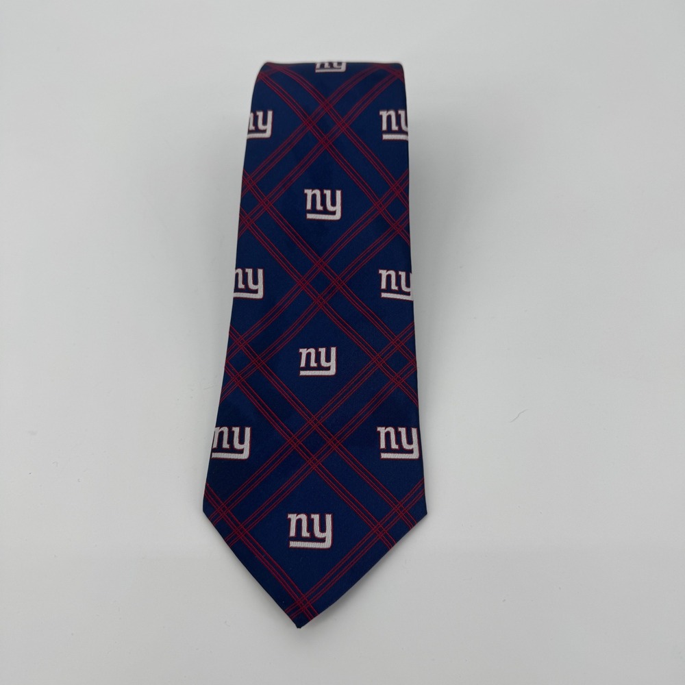 New York Giants NFL Navy Blue Red Plaid Silk Necktie